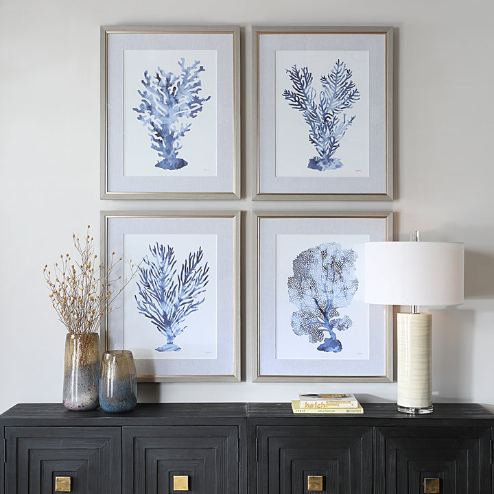 "SHIBORI CORAL" GLASS FRAMED PRINTS | SET OF 4