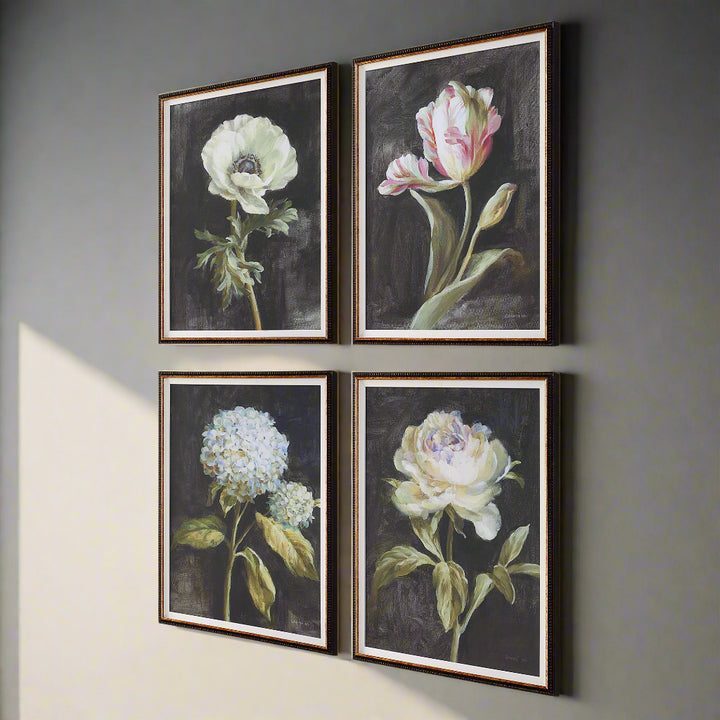 "FLORALS ON BLACK" GLASS FRAMED PRINTS | SET OF 4