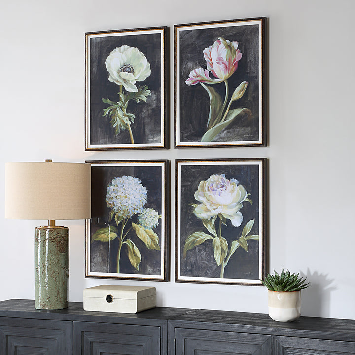 "FLORALS ON BLACK" GLASS FRAMED PRINTS | SET OF 4