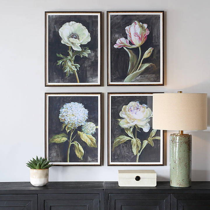 "FLORALS ON BLACK" GLASS FRAMED PRINTS | SET OF 4