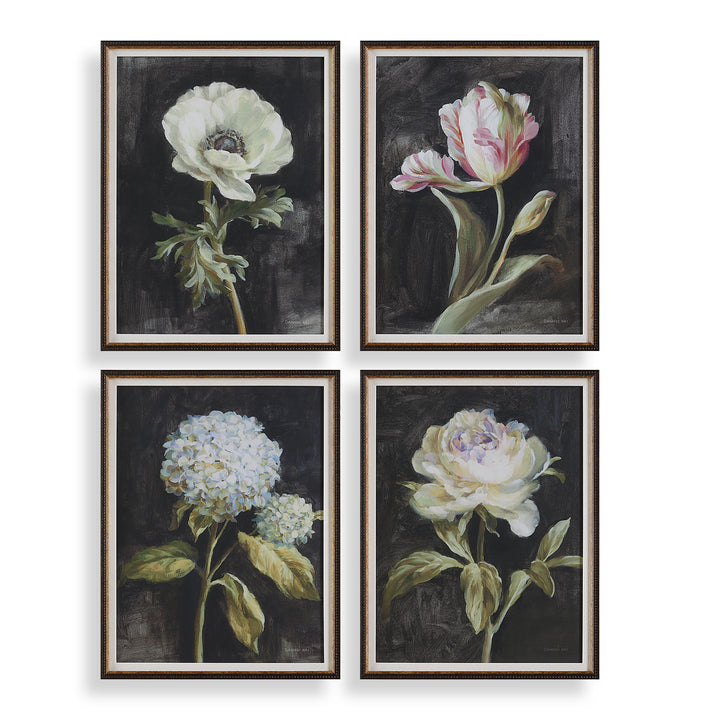 "FLORALS ON BLACK" GLASS FRAMED PRINTS | SET OF 4