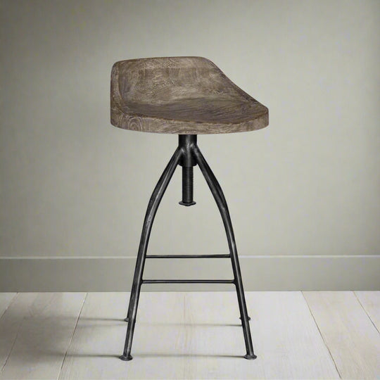 Bar stool with wooden seat and metal frame on a white background