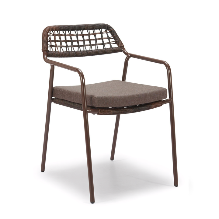 Brown metal chair with woven backrest on a white background
