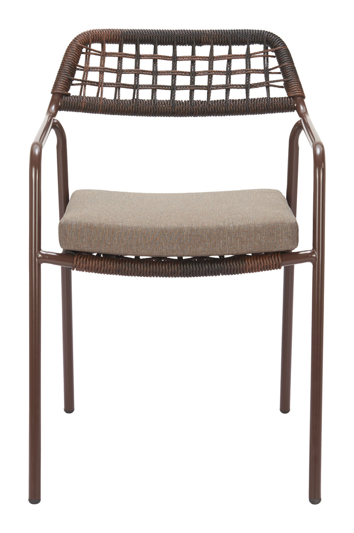 Brown wicker chair with a cushion on a white background