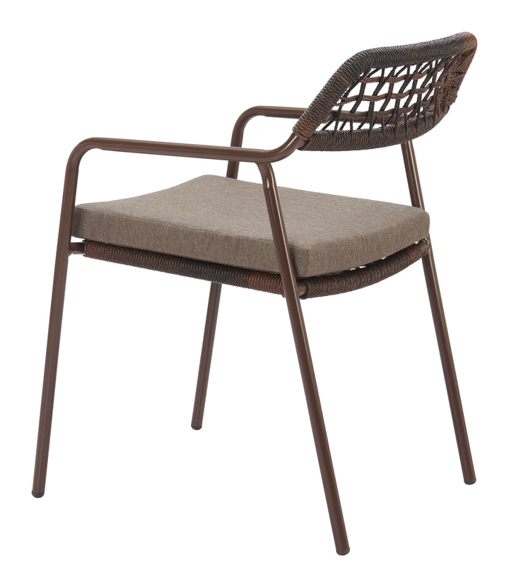 Brown wicker chair with a cushion on a white background
