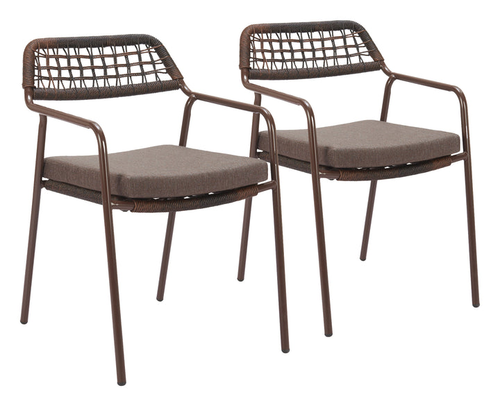 Two brown metal chairs with cushioned seats on a white background