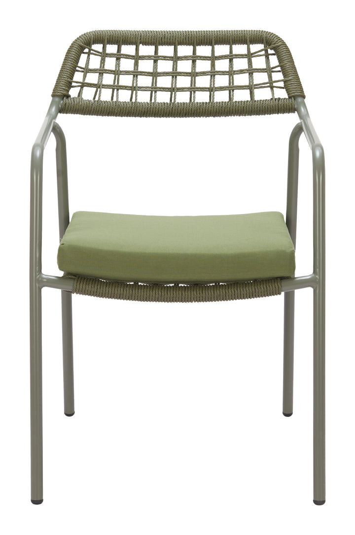 Chair with green cushion and woven backrest on a white background