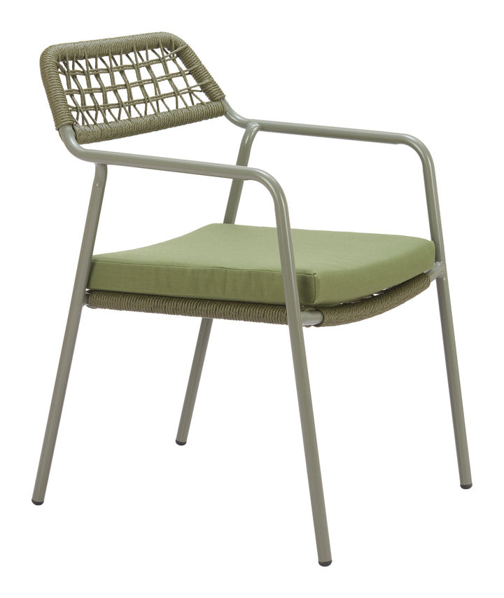 Chair with green cushion and metal frame on a white background