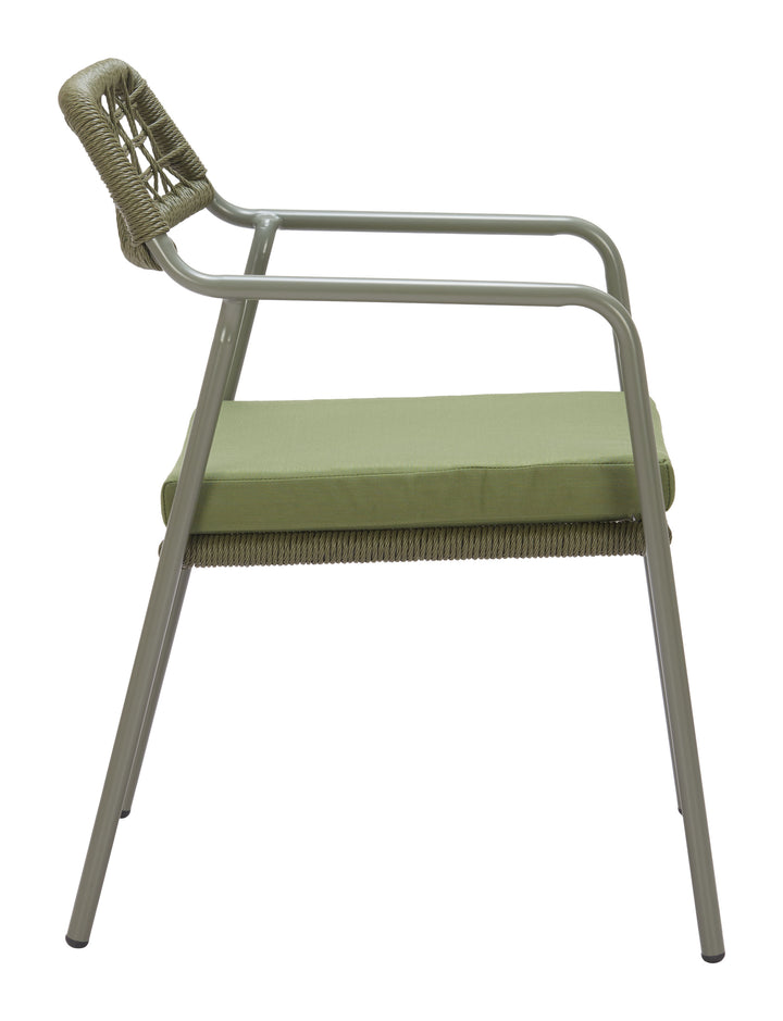Chair with green cushion and metal frame on a white background
