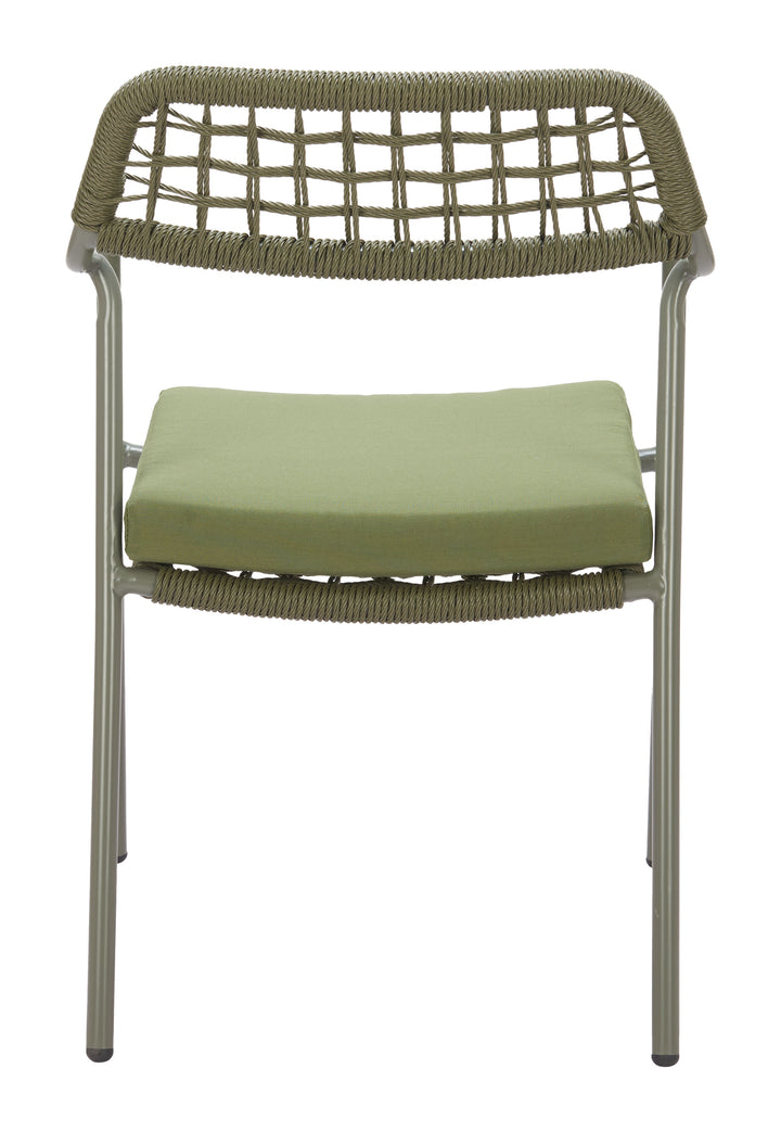 Chair with green cushion and woven backrest on a white background