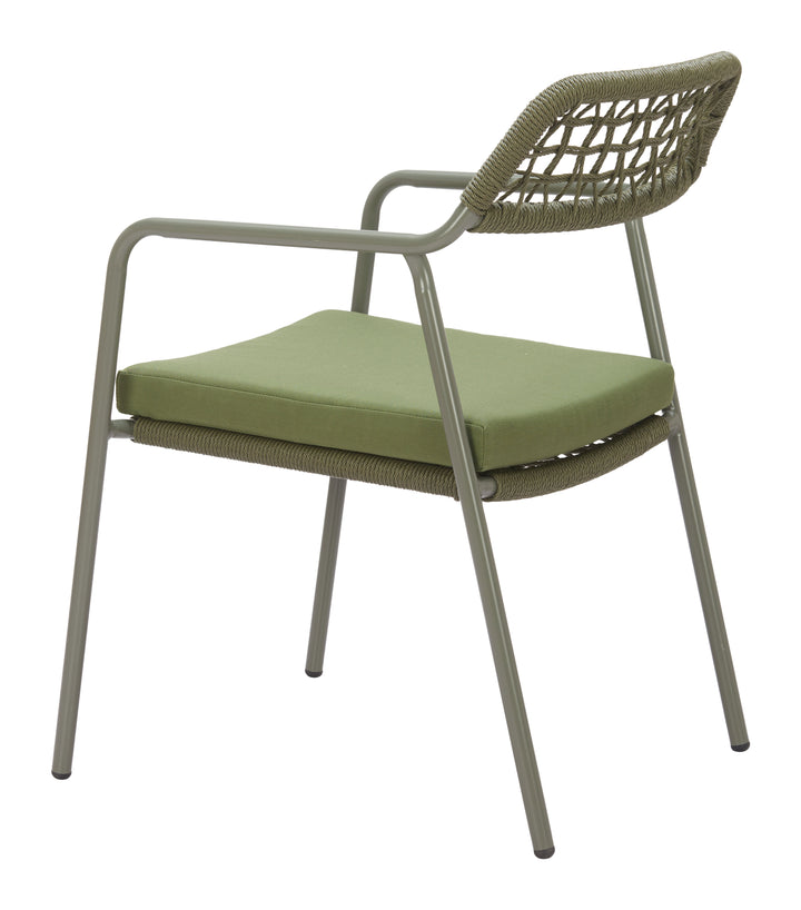 Chair with green cushion and woven backrest on a white background
