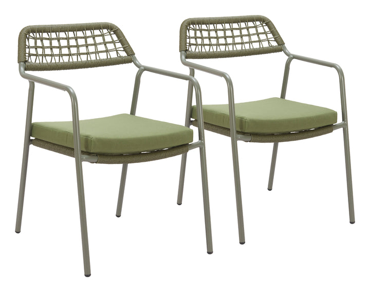 Two green chairs with metal frames on a white background