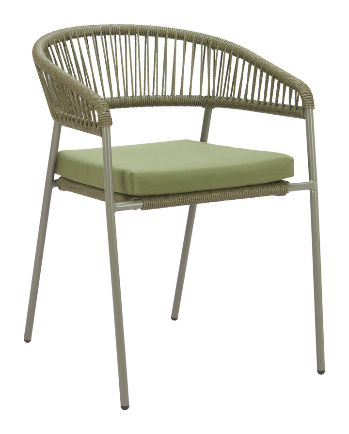 Chair with wicker backrest and green cushion on a white background