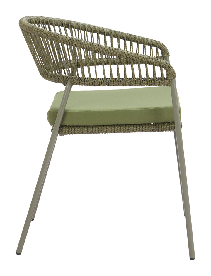 Green wicker chair with a cushion on a white background