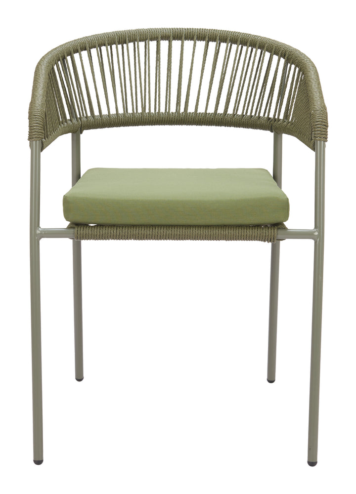 Chair with woven backrest and green cushion on a white background