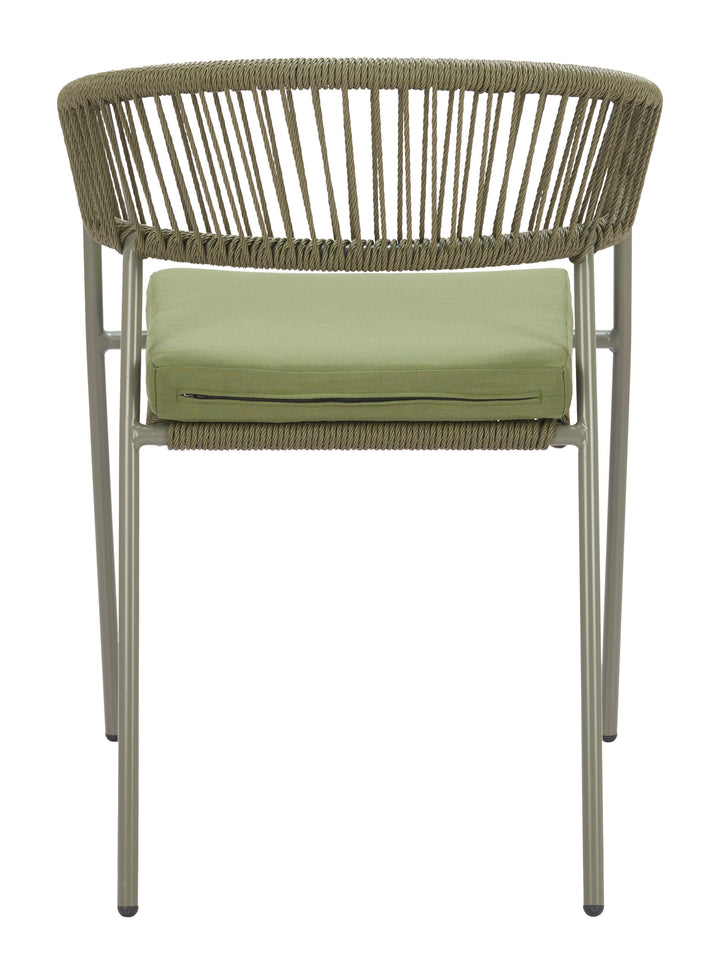 Chair with woven backrest and green cushion on a white background