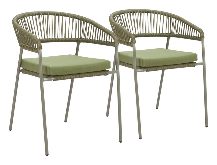 Two wicker chairs with green cushions on a white background