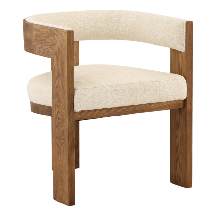 Wooden chair with beige cushion on a white background