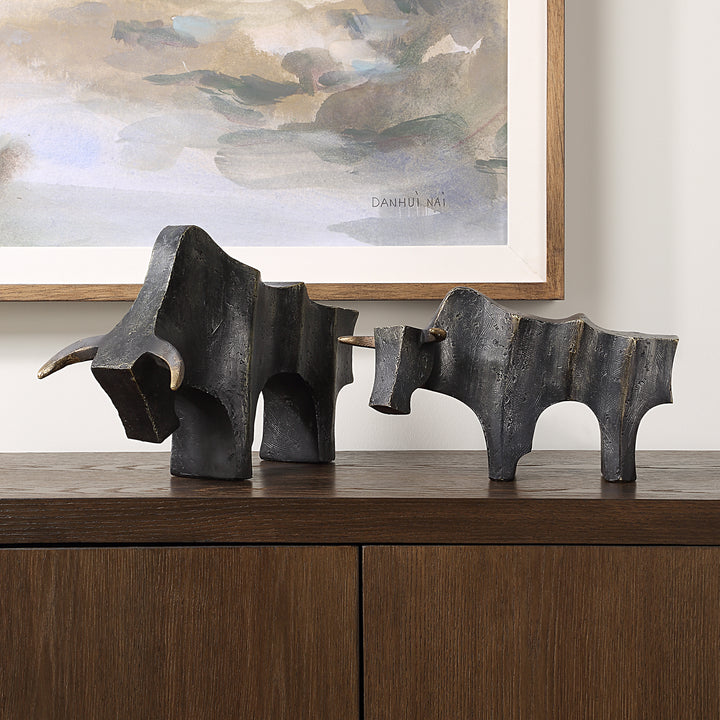 REGAL BULL BRONZE SCULPTURES | SET OF 2