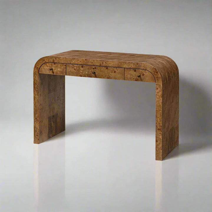 Wooden desk with a rustic finish on a white background