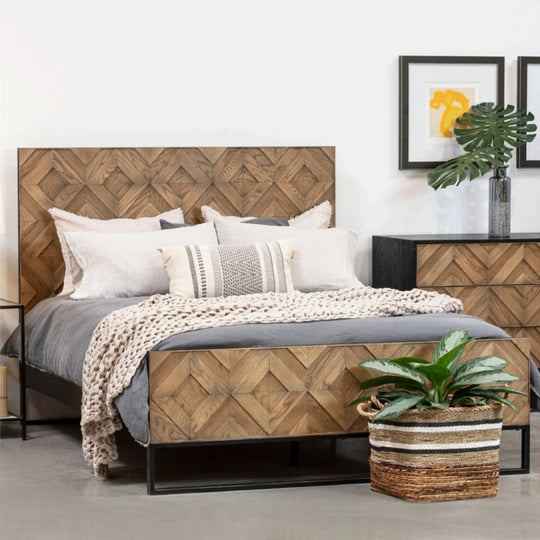 ANTIQUE OAK MOSAIC PANEL BED