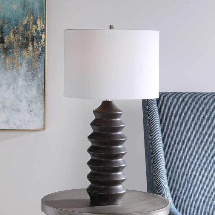 EBONY STAINED SCULPTED WOOD TABLE LAMP