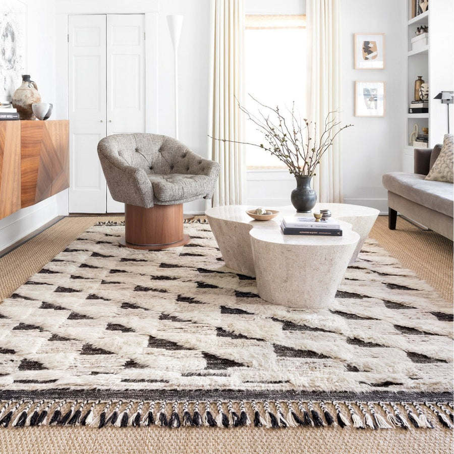 KHALID HAND - KNOTTED TEXTURED WOOL RUG: NATURAL, BLACK