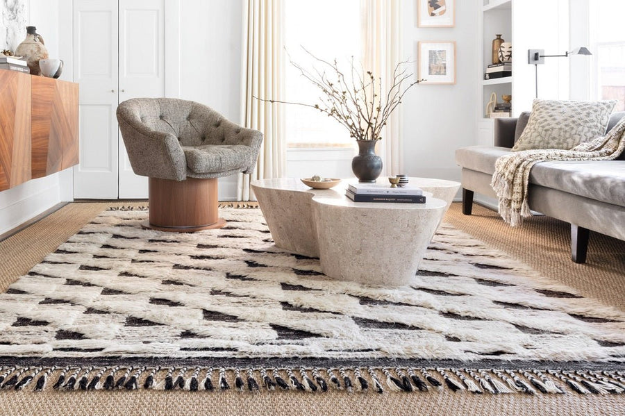 KHALID HAND - KNOTTED TEXTURED WOOL RUG: NATURAL, BLACK