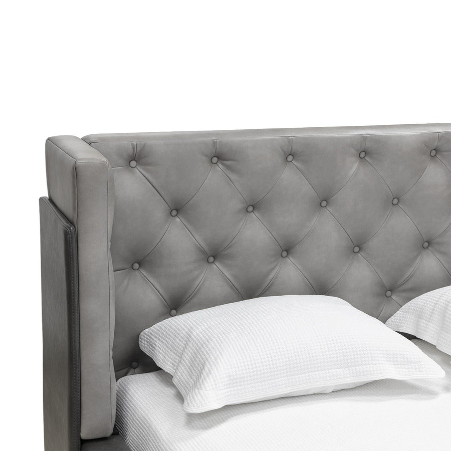 LAURA GREY LEATHER UPHOLSTERED BED - CLOSE VIEW
