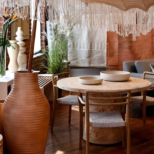 MARBLED TERRAZZO OUTDOOR PEDESTAL DINING TABLE: CORAL