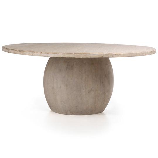 round wooden table with thick spherical base, light-colored wood texture