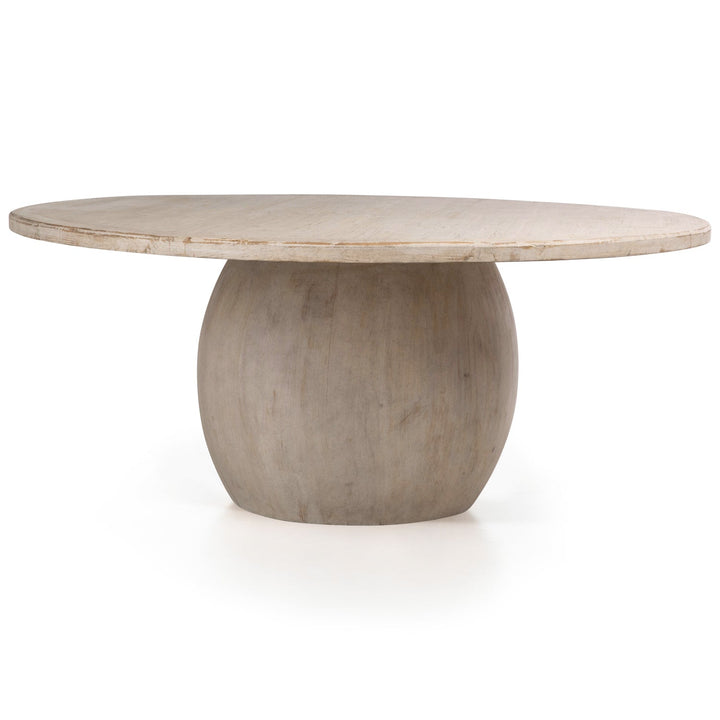 round wooden table with thick spherical base, light-colored wood texture