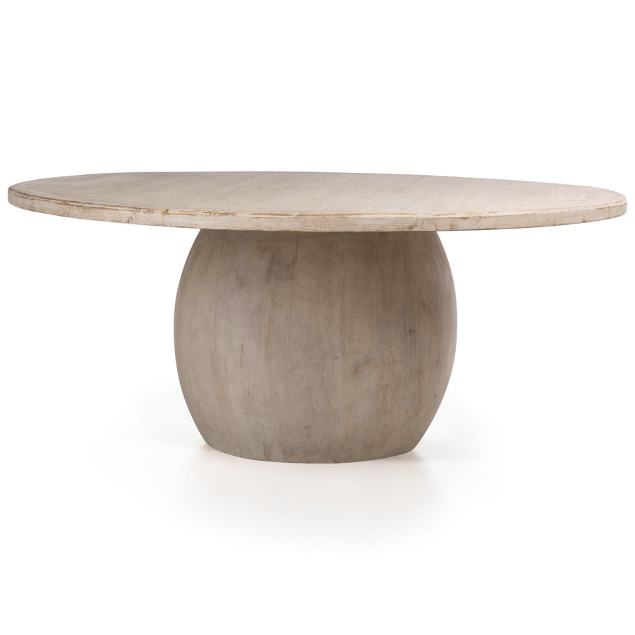 round wooden table with thick spherical base, light-colored wood texture