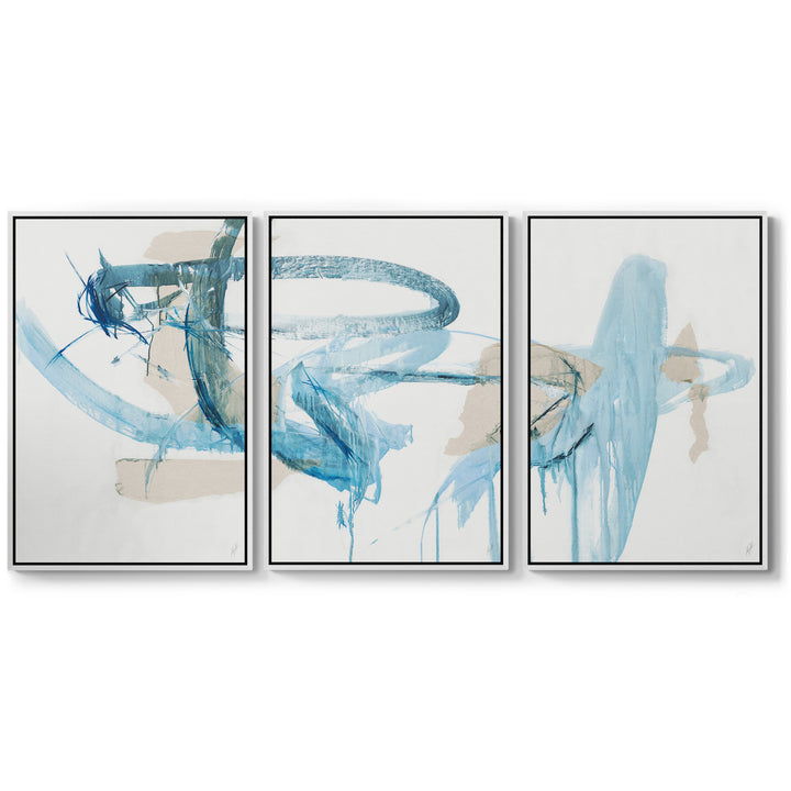 Abstract triptych artwork featuring flowing blue brushstrokes and soft beige accents on three cream color canvas.