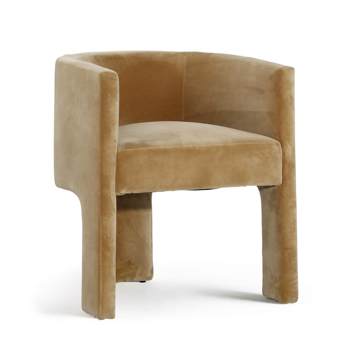 Brown velvet chair on a light wooden floor with a white wall background