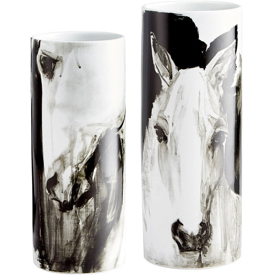 PAINTED STALLION BLACK + WHITE VASE