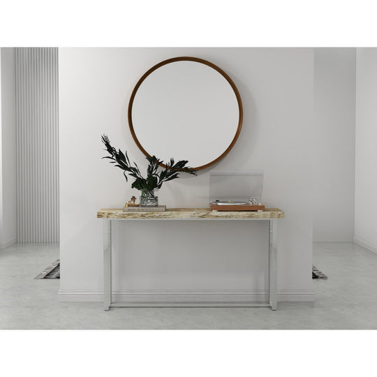 PETRIFIED WOOD TOP POLISHED STAINLESS STEEL CONSOLE TABLE