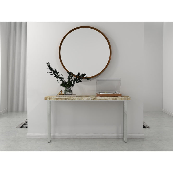 PETRIFIED WOOD TOP POLISHED STAINLESS STEEL CONSOLE TABLE