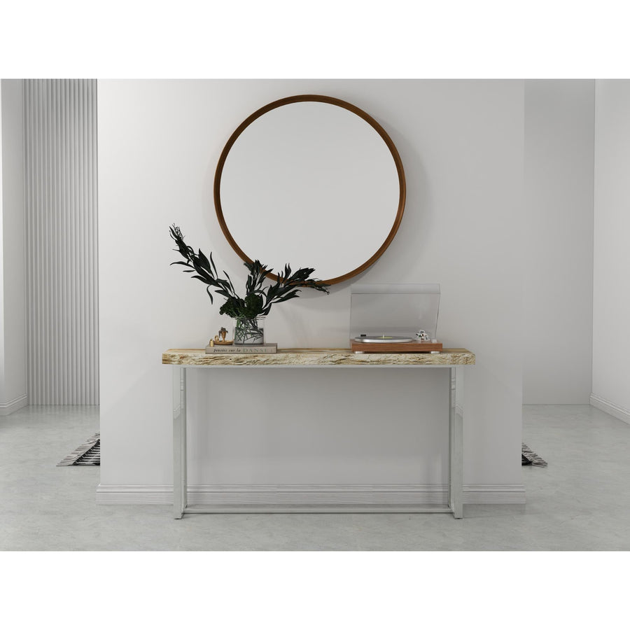 PETRIFIED WOOD TOP POLISHED STAINLESS STEEL CONSOLE TABLE