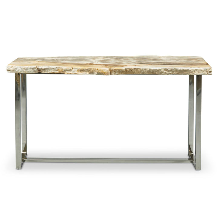 PETRIFIED WOOD TOP POLISHED STAINLESS STEEL CONSOLE TABLE