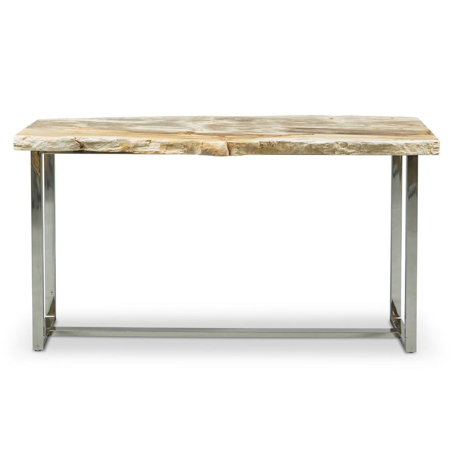 PETRIFIED WOOD TOP POLISHED STAINLESS STEEL CONSOLE TABLE