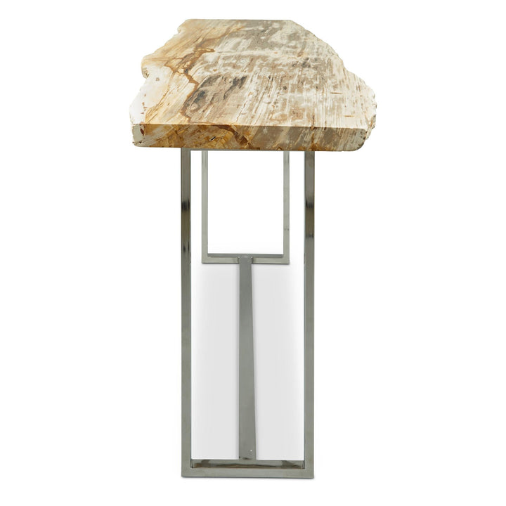 PETRIFIED WOOD TOP POLISHED STAINLESS STEEL CONSOLE TABLE