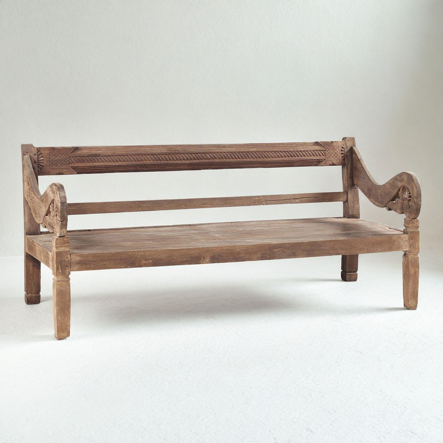 ANTIQUE ROLL ARM JAVANESE BENCH