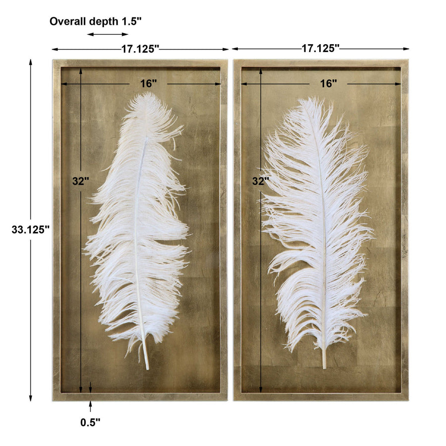 WHITE FEATHERS IN GOLD SHADOW BOXES
