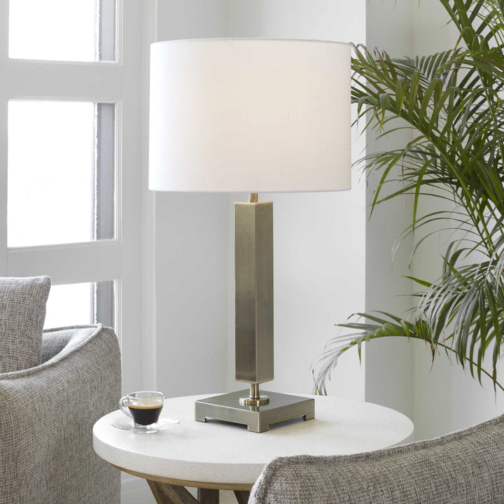 ANTIQUE BRASS COLUMN TABLE LAMP