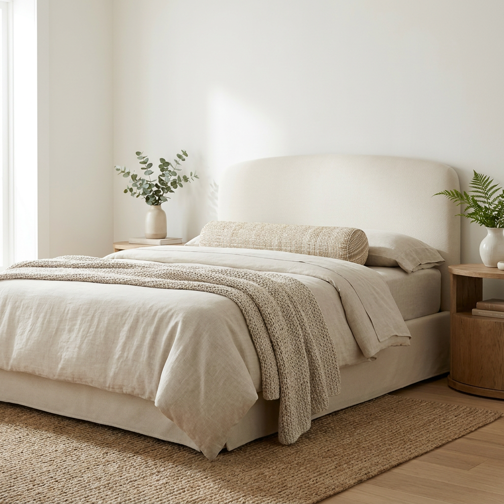 Modern coastal bedroom with a woven rattan bed, neutral linen bedding, and warm, minimalist decor.