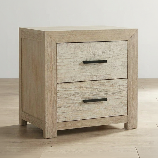 Wooden nightstand with two drawers on a wooden floor.