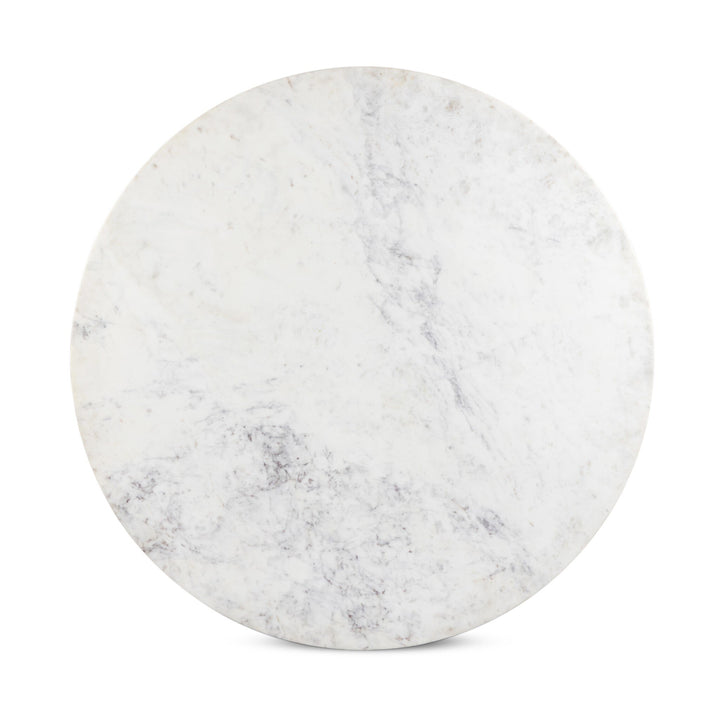 A round white marble tabletop with subtle grey veining, featuring a smooth surface and polished finish. Ideal for dining or decor.