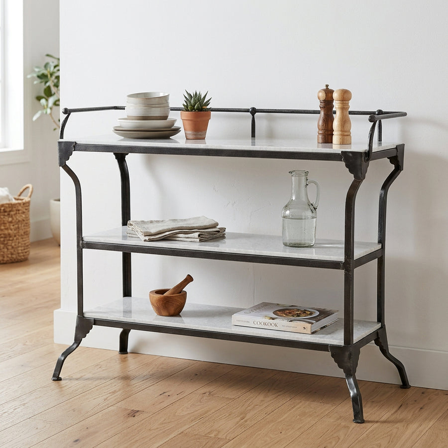 Three-tiered metal shelf with white marble surface