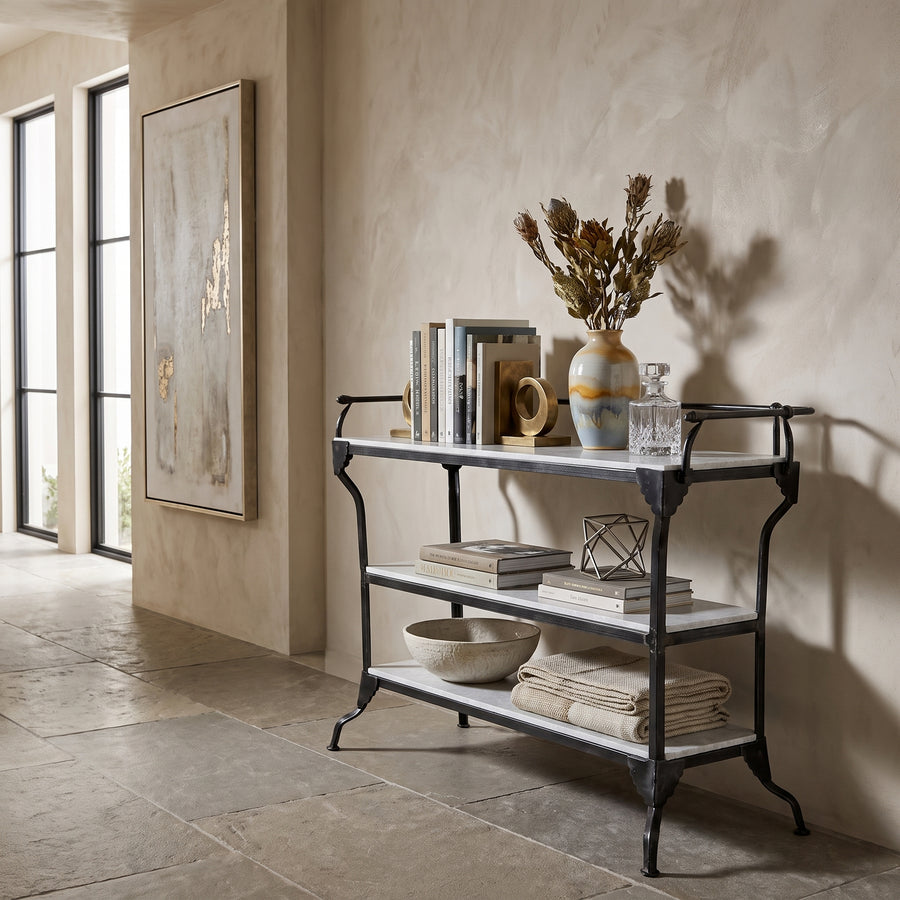 3-TIER INDUSTRIAL IRON & MARBLE BAR CONSOLE